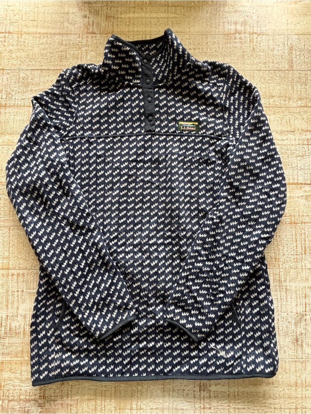 L.L. Bean Navy and White Patterned Snap-Front Pullover Sweater